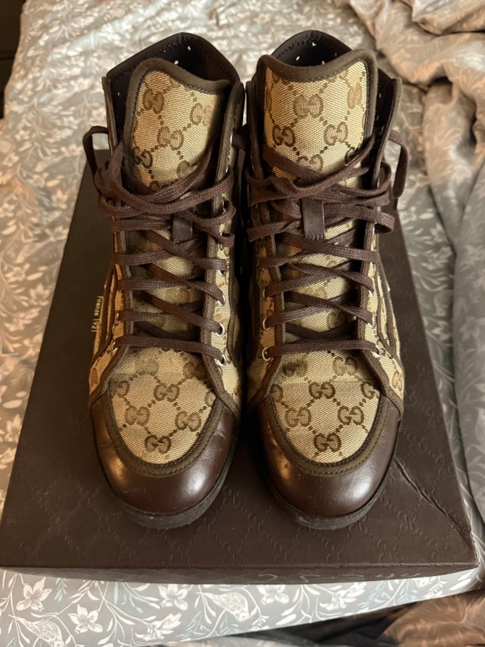 Gucci Brown GG Canvas High-Top Sneakers with Leather Trim